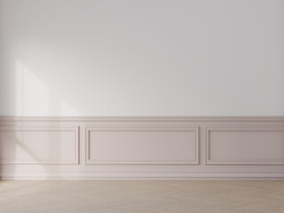Pink wall mockup with molding. Empty girl room 3d visualization.