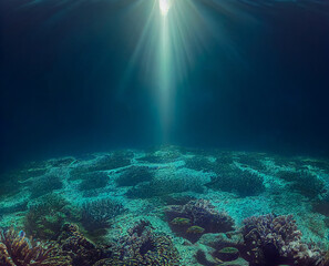 Fototapeta na wymiar Dark blue ocean. Underwater background and undersea light rays shine