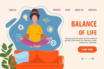 Work and life balance web landing page, vector illustration. Woman in yoga pasture balancing with life items at home, relax lifestyle. Balanced work and life management webpage template. Multitasking