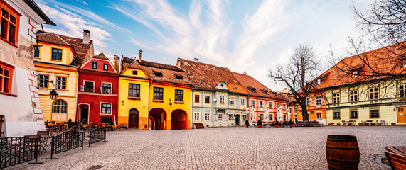 Sighisoara, Transylvania, Romania with famous medieval fortified city and the Clock Tower built by...