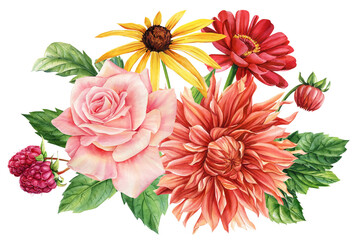 Multicolored flowers. Sunflower, rose, dahlia, zinnia and leaves. Hand painted illustration. Watercolor drawing - obrazy, fototapety, plakaty