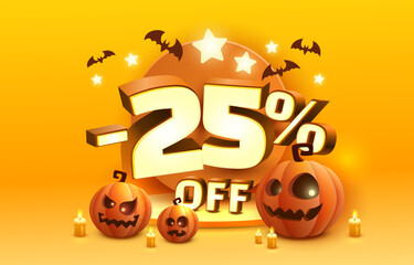 Halloween special 25 off sale banner, promotion flyer, marketing label. Vector