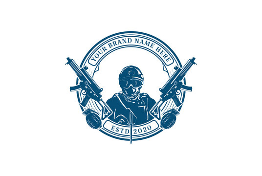 Elite Army Force Navy Soldier with Sub Machine Gun and Grenade for Military Badge Emblem Label Logo Design Vector