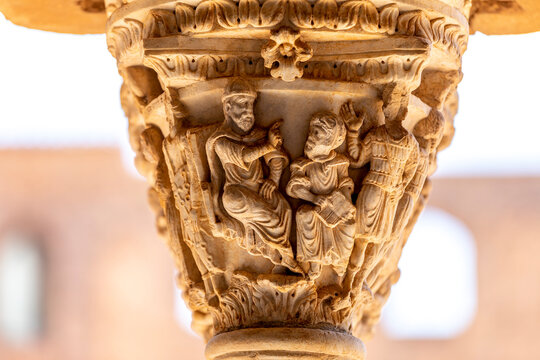 Monreale, Italy - July 8, 2020: Detail of column of cloister of the cathedral of Monreale (chiostro del duomo di Monreale), Sicily, Italy
