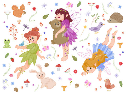Childish fairytale seamless pattern. Colorful template with animals, smiling fairies, berries, flowers and butterflies. Design element for printing on baby bedding. Cartoon flat vector illustration