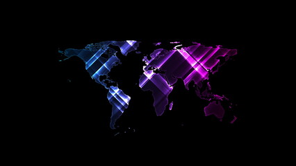 Bright glowing neon abstract world map on night background