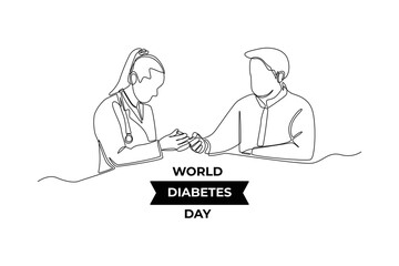 Continuous one line drawing woman doctor help patient for check diabetes with glucose meter in hospital. World diabetes day concept. Single line draw design vector graphic illustration.