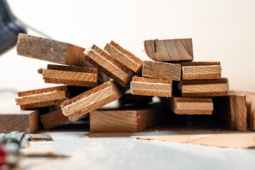 close-up at ground level, of cut wooden slats
