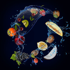 Fototapeta na wymiar Wallpaper, panorama with fruits in the water - grapes, melon, coconut, kiwi, pomegranate are very tasty and nutritious