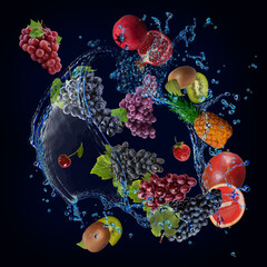 Obraz na płótnie Canvas Wallpaper, panorama with fruits in the water - grapes, pomegranate, cherry, mango, kiwi, strawberries are very tasty and vitamin