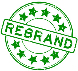 Grunge green rebrand word with star icon round rubber seal stamp on white background