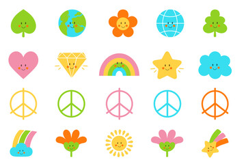 Kawaii smiley doodle isolated icon vector clipart. Funny Peaceful. Emoji rainbow sun heart diamond sticker