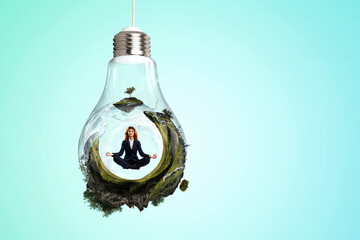 Beautiful businesswoman meditating . Mixed media