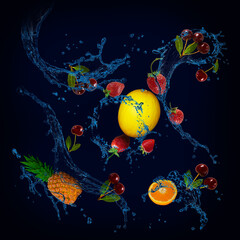Obraz na płótnie Canvas Wallpaper, panorama with fruits in the water - melon, strawberry, cherry, pineapple, orange the main component of diets
