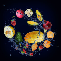 Fototapeta na wymiar Wallpaper, panorama with fruits in the water - melon, strawberry, persimmon, avocado, pomegranate are filled with vitamins
