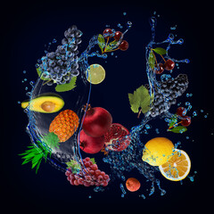 Obraz na płótnie Canvas Wallpaper, panorama with fruits in the water - pineapple, grapes, cherry, lemon, lime are very tasty and filled with vitamins