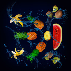 Obraz na płótnie Canvas Wallpaper, panorama with fruits in the water - pineapple, watermelon, banana, kiwi are very tasty and good for the body