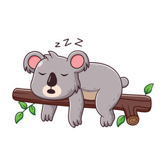 Cute Koala Cartoon Sleeping on Tree Branch. Animal Icon Concept. Flat Cartoon Style. Suitable for Web Landing Page, Banner, Flyer, Sticker, Card