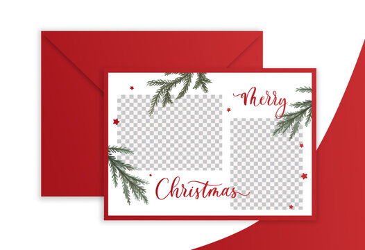 Merry Christmas greenery branches 2 Photo Holiday Card with calligraphy.