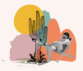 Contemporary art collage. Cheerful man in striped vintage swimming suit sitting on beach and...