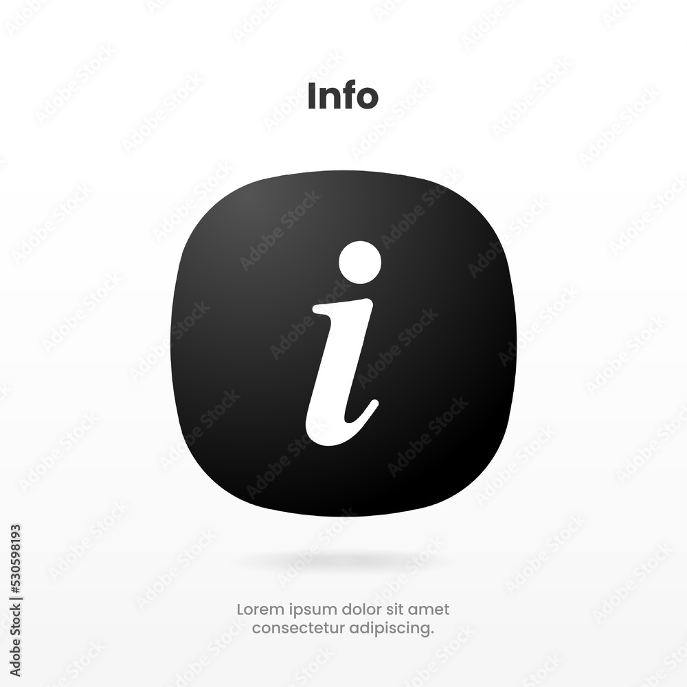 Poster 3d Black info point icon. i icon symbol. Help and hint symbol. FAQ and detail symbol. Information icon collection. Info button. Info symbol minimal and flat style. Stock vector.