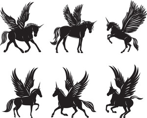 black silhouette set of unicorns isolated vector