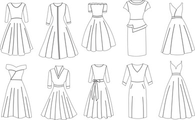 set of dresses sketch ,contour on white background isolated vector