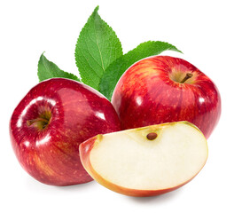red apple with green leaf isolated on white background. clipping path.