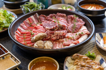 Korean traditional style assorted bbq Buffet grilled set, fresh Asian side dish vegetables