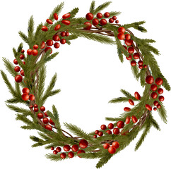 Fototapeta na wymiar Watercolor Christmas wreath with fir branches, red berries isolated on white background. Round winter greenery frame with spruce tree twigs. Festive border for xmas celebration, cards, print