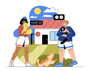 Animal care concept. Smiling man and woman adopt dogs and cats from shelter. Volunteers pick up homeless pets, kittens or puppies. Love to animals. Cartoon flat vector illustration in doodle style