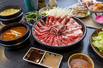 Korean-style assorted bbq Buffet grilled set, fresh Asian side dish vegetables