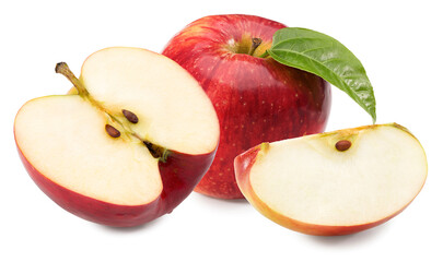 red apple with green leaf isolated on white background. clipping path.