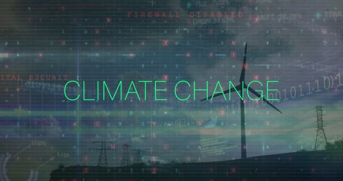 Animation of climate change text in green, security warnings and data over wind turbine at night