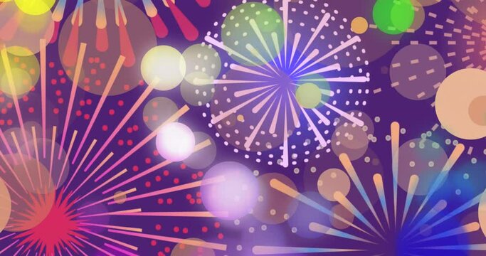 Animation of colourful spots of light over graphic new year fireworks exploding