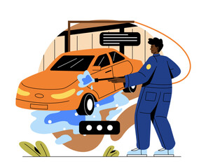 Automobile service concept. Male car wash employee in uniform washes customer car with detergents, foam and water. Cleansing and removing dirt. Cartoon flat vector illustration in doodle style