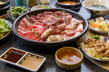 Korean-style assorted bbq grilled set, fresh Asian side dish vegetables