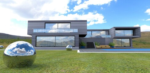Reflection of a cloudy sky in a chrome ball on the lawn of a stylish estate. White border around the cobbled area. 3d render.