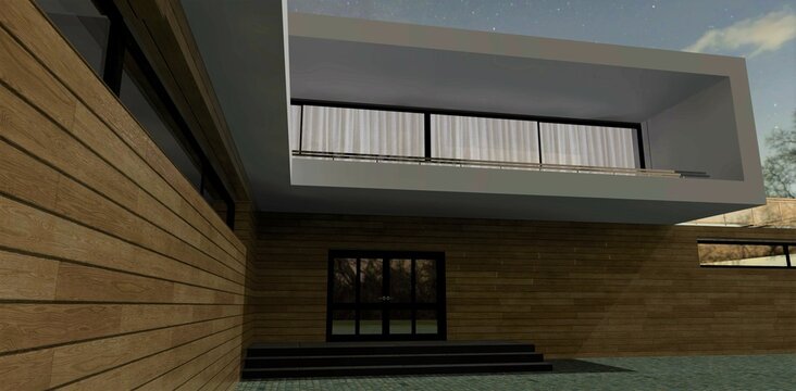 Wooden walls of a cozy country house at night. On the second floor there is a spacious balcony. Through the translucent curtains, light is visible. 3d render.