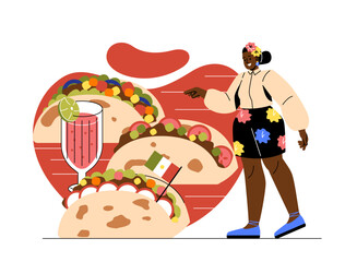 National cuisine concept. Young smiling woman presenting traditional mexican food. Delicious burrito or taco with meat and vegetables in tortilla. Cartoon flat vector illustration in doodle style