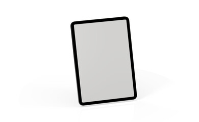 Modern tablet computer stand with blank screen isolated on white background