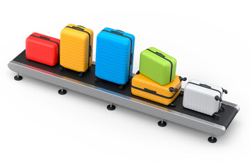 Airport luggage conveyor belt or manufacture line with baggages on white.