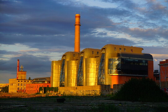 Complex buildings former EC1 (The power plant) after revitalization. Transformed into the  Science and Technology Center in Lodz  at sunset