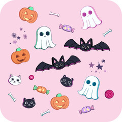 Cute Halloween vector pack inspired by sweet cookies. Original vector illustrations in cartoon retro style perfect for products and packaging holiday design. Trick or treat!