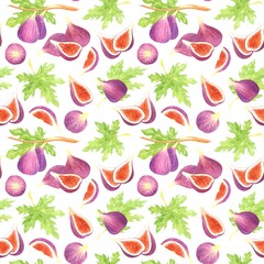 WHITE SEAMLESS PATTERN WITH WATERCOLOR FIG FRUITS