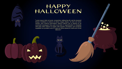 Halloween Vector Banner With Jack O'Lantern, Cauldron, Broom, Cat, Bat and Pumpkin. Perfect for Web Sites, Printed Materials, Social Media, etc.