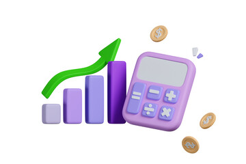3D rendering bar chart on the calculator screen with money coins and increasing arrow. Business data analysis, Report, Planning concept. 3d render illustration - obrazy, fototapety, plakaty