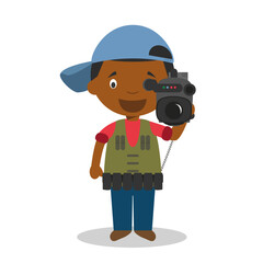 Cute cartoon vector illustration of a black or african american male cameraman.