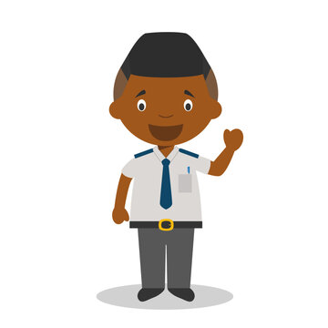 Cute Cartoon Vector Illustration Of A Black Or African American Male Bus Driver.