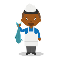 Cute cartoon vector illustration of a black or african american male fishmonger.